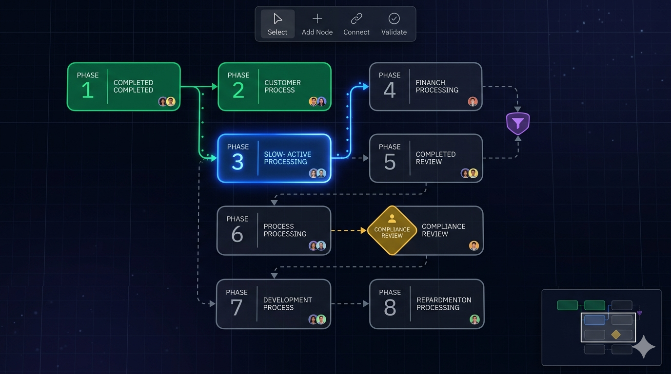 Process Architecture DAG Canvas — a directed acyclic graph showing workflow orchestration
